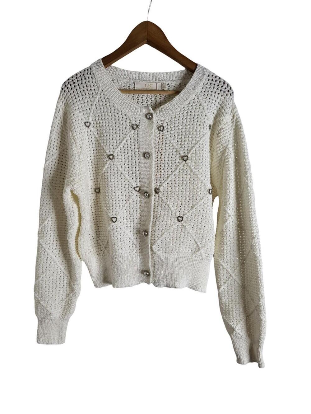 Lizette Collection Ivory Bohemian Pointelle Knit Cardigan Heart Shape Details XL